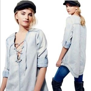 Free People Indigo Lace Up Denim Tunic in Blue Sky Light Wash